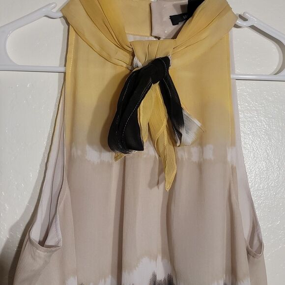 Style & Co Yellow Brown High Neck Blouse Bow Tie Front sz 12 GUC - Picture 3 of 7